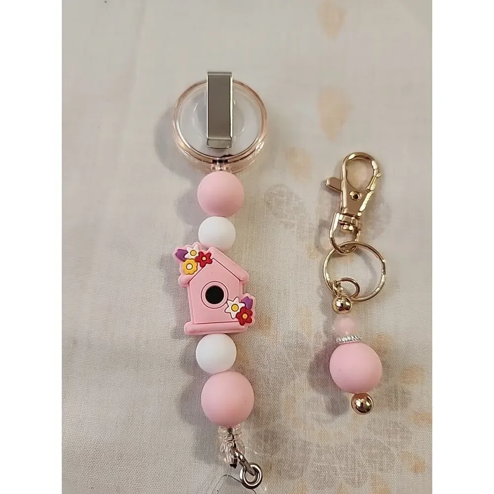 Badge Reel & Small Key Chain Combo Pink Birdhouse Silicone Beads